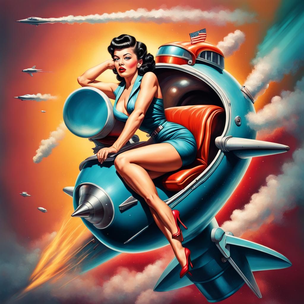 Pinup Girl Rides Atomic Rocket: Hyperrealistic Splash Art