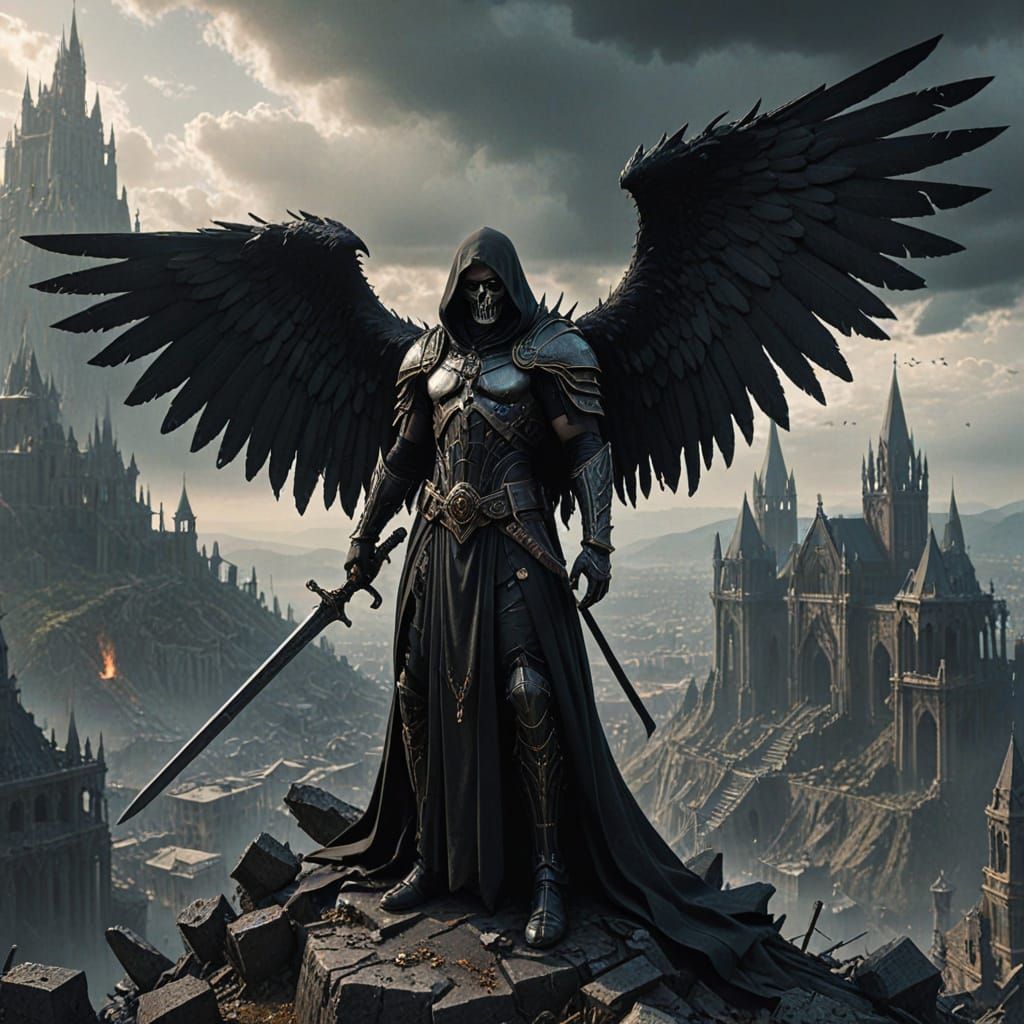 Angel of Death Confronts Ruined Metropolis in Dark Fantasy L...