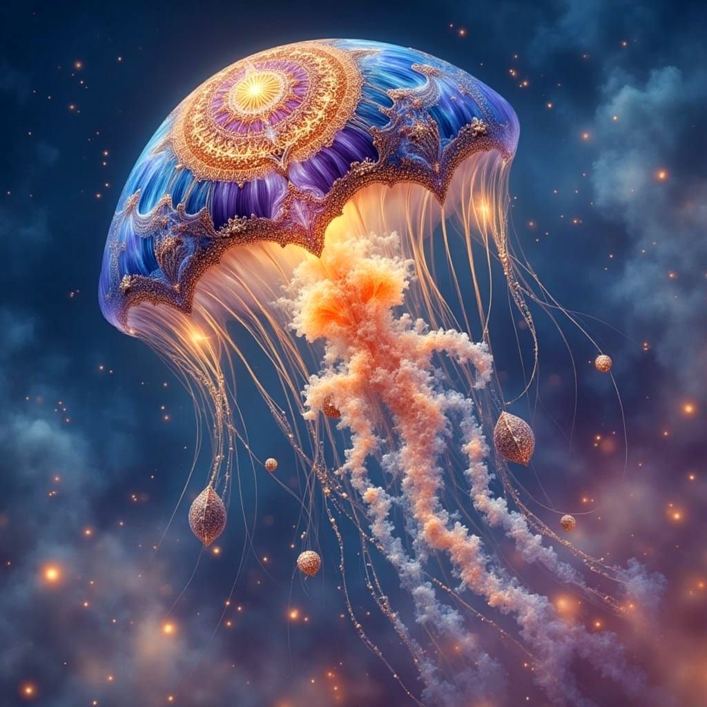 Surreal Jellyfish with Zentangle Mandala in Twilight Sea