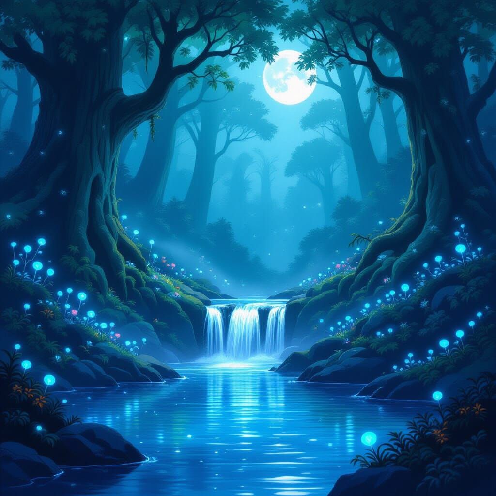Magical Waterfall in Moonlight Forest
