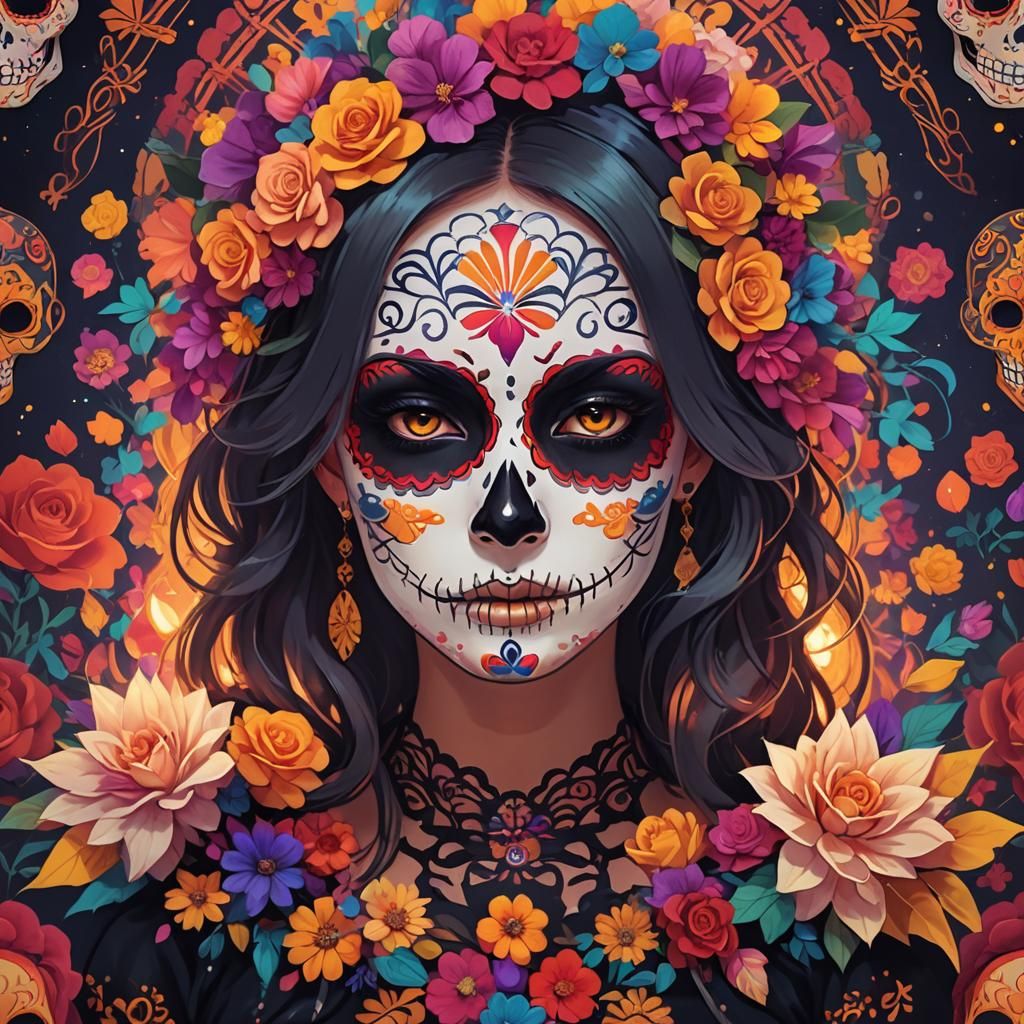 Woman with Día de los Muertos Face Paint in Anime Style