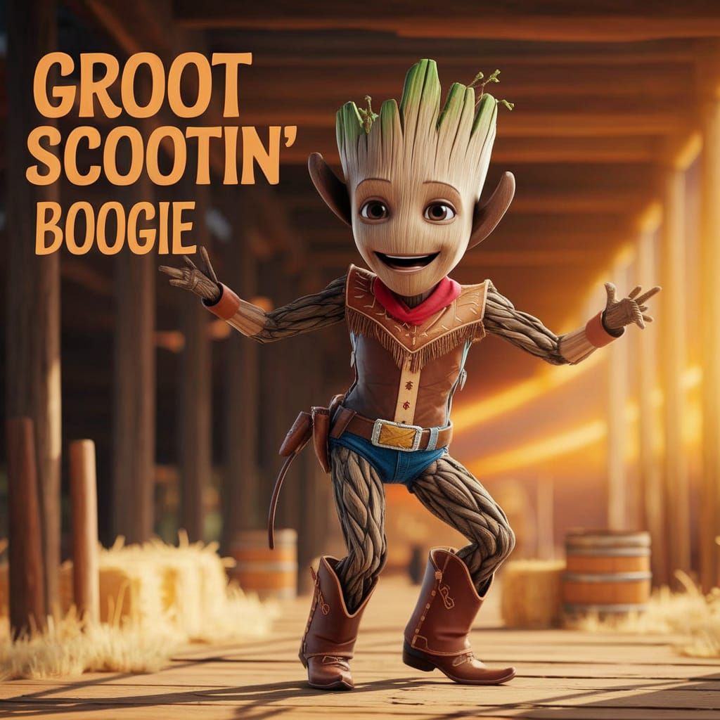 Groot in Cowboy Outfit Line Dancing at Sunset