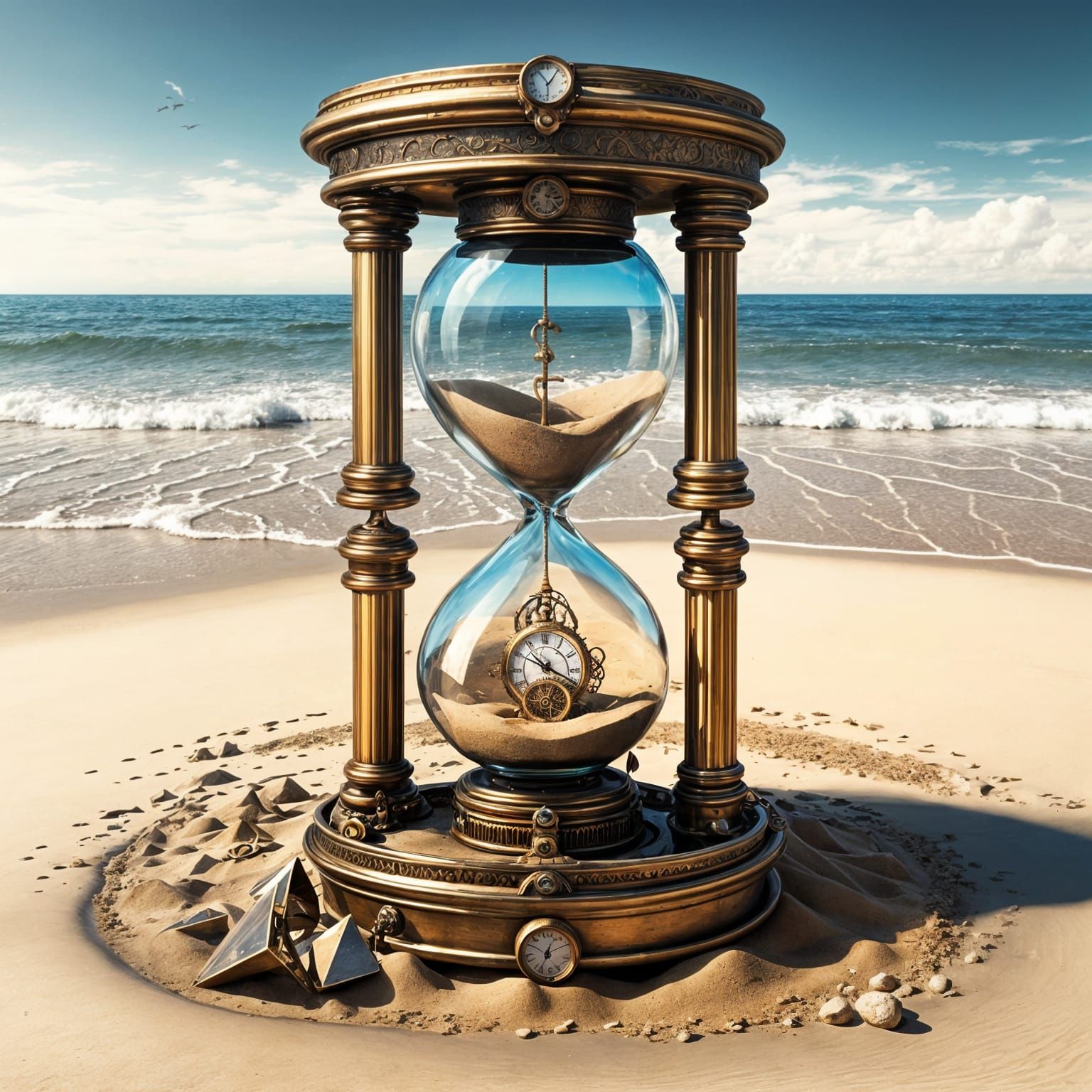 Surreal Clock on Sandy Beach in Steampunk Style