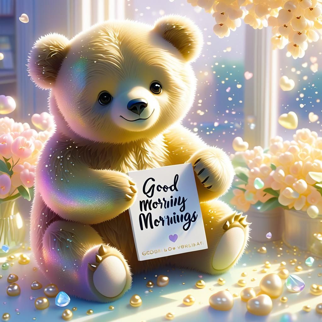 A cute baby bear holds a "Good Morning!" sign decorated with...