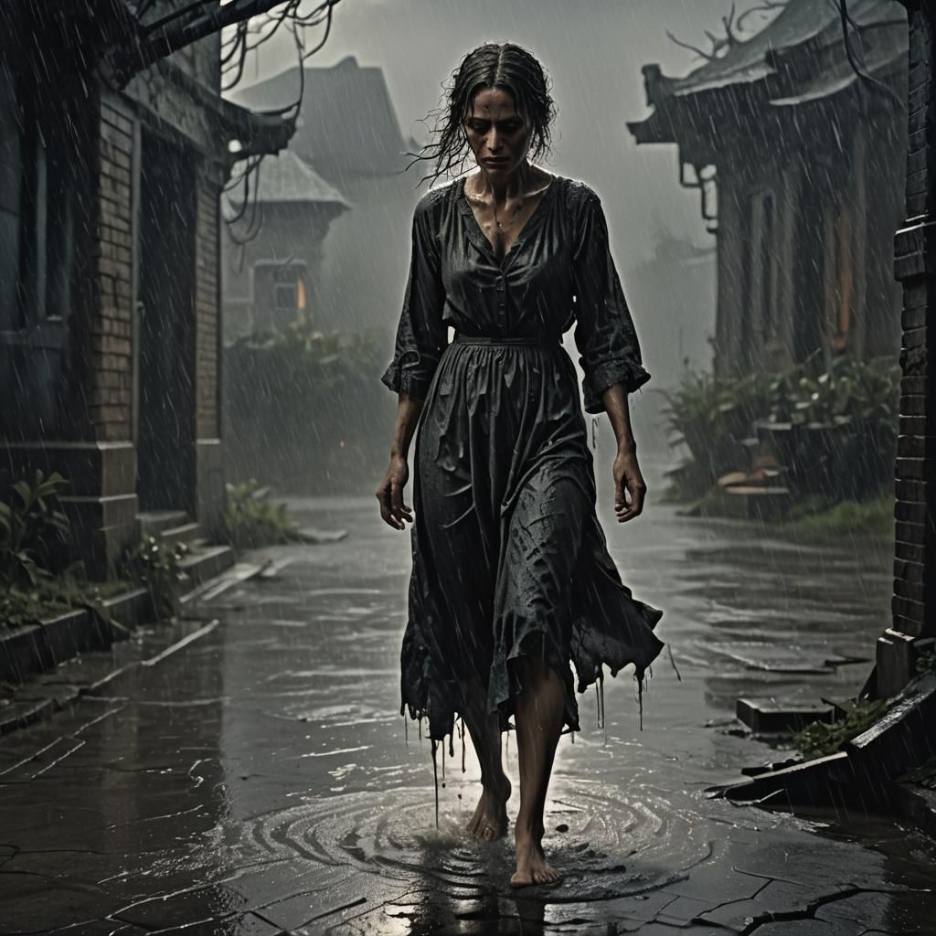 Distraught Woman Searching in Ominous Rain, Cinematic Illust...