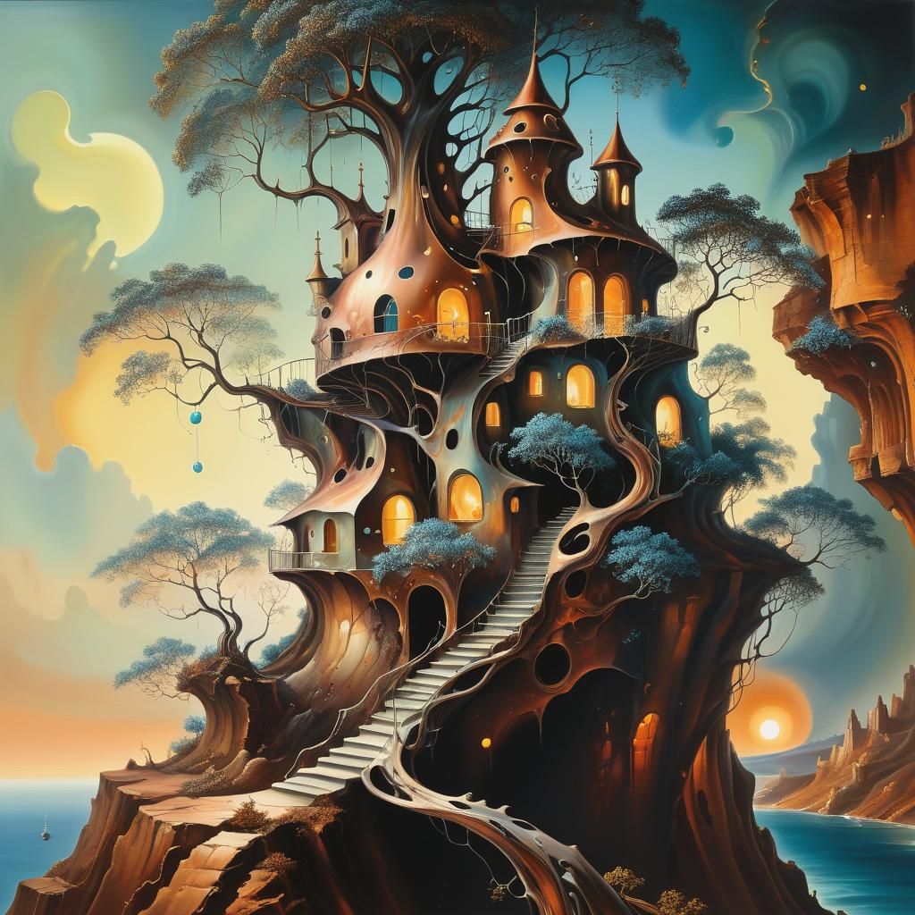 Surreal Treehouse on Cliff Edge as Oil Painting