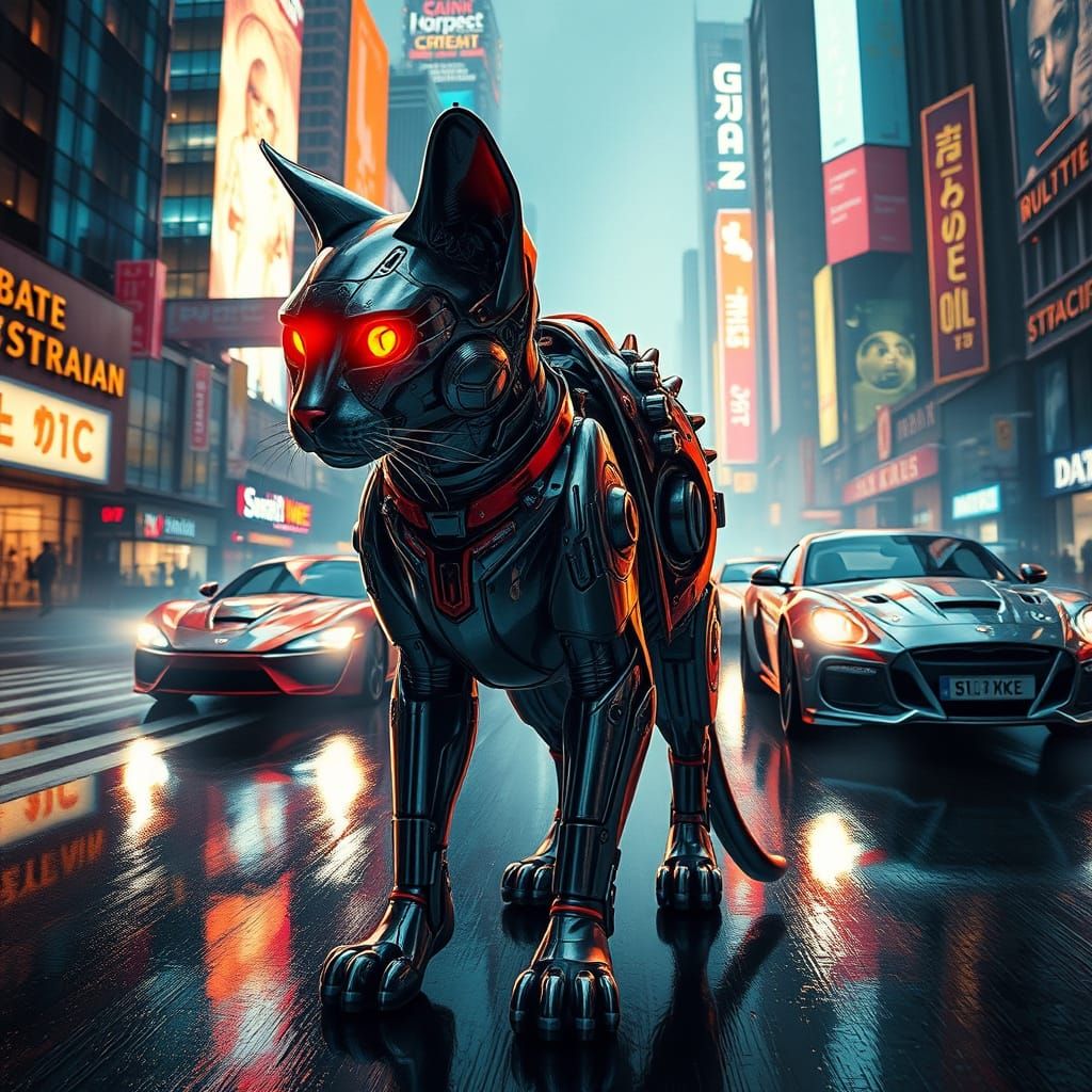 Cybernetic Cat Hero in Futuristic Cityscape with Flying Chro...