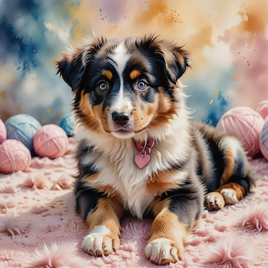 Whimsical Australian Shepherd Puppy Portrait in Soft Waterco...