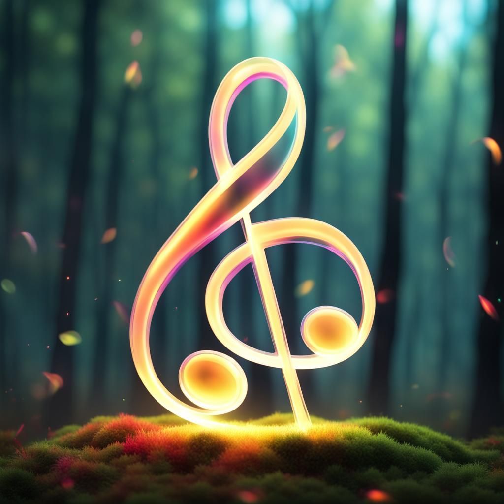 Translucent Music Note with Lit Edges in Misty Forest