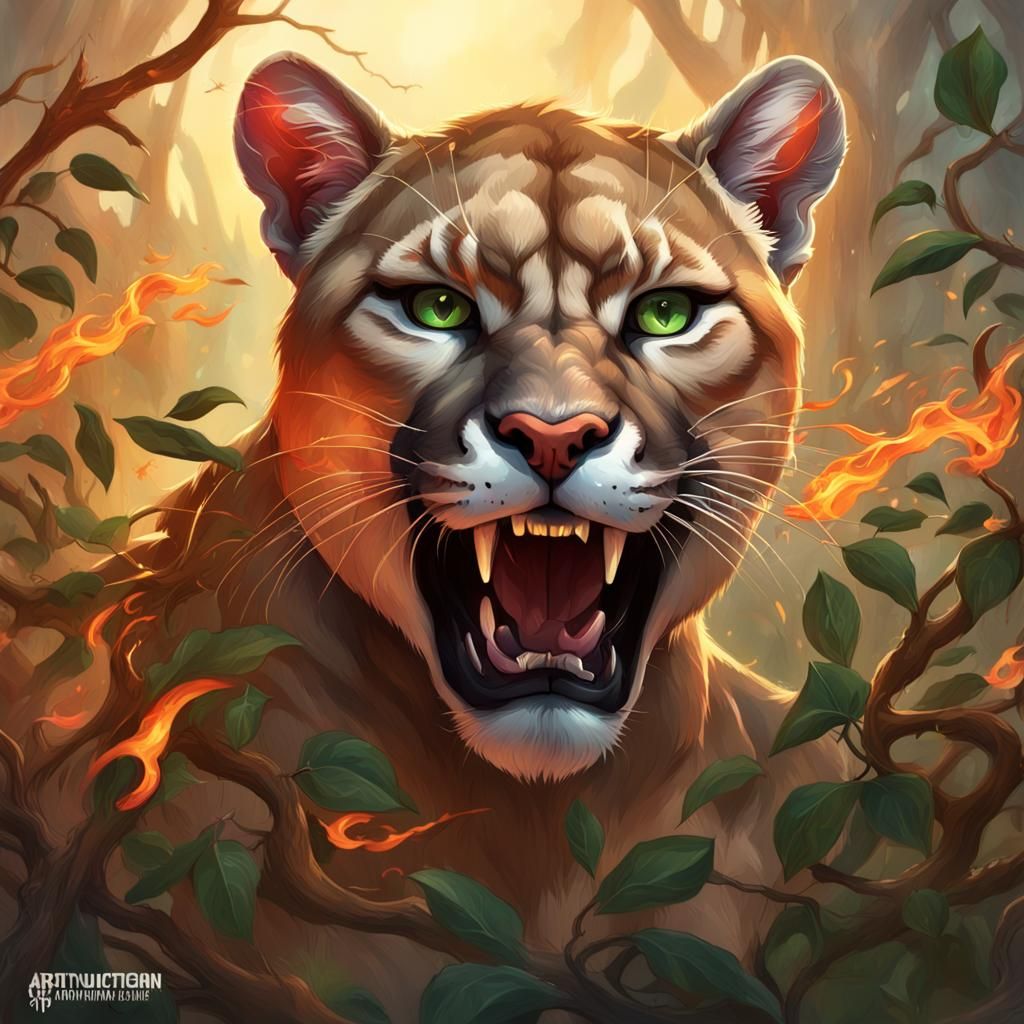 Fierce Mountain Lion Portrait in Hyperdetailed Digital Art
