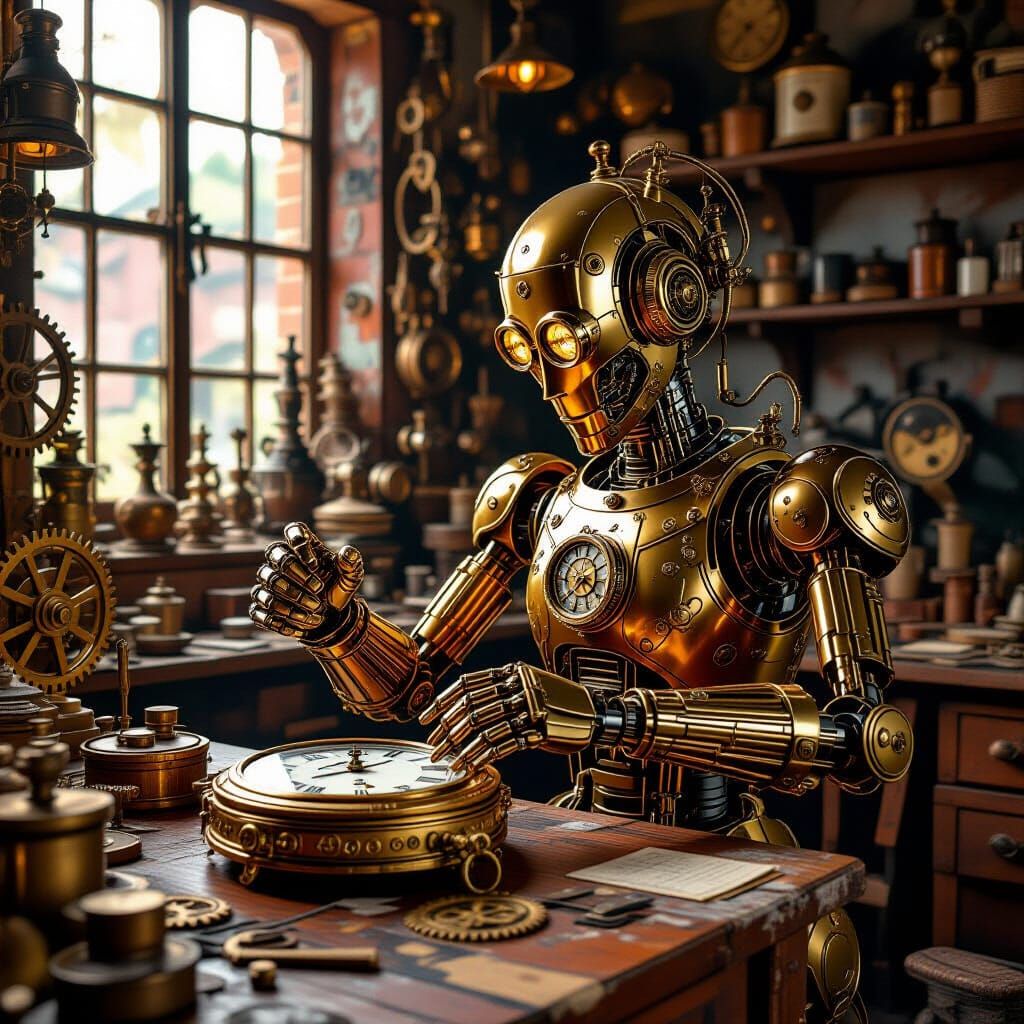 Steampunk Automaton Polishing Pocket Watch in Victorian Work...