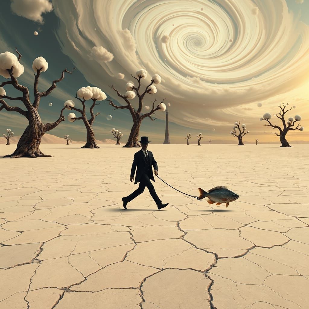 Surreal Desert Fish Walk in Dreamscape