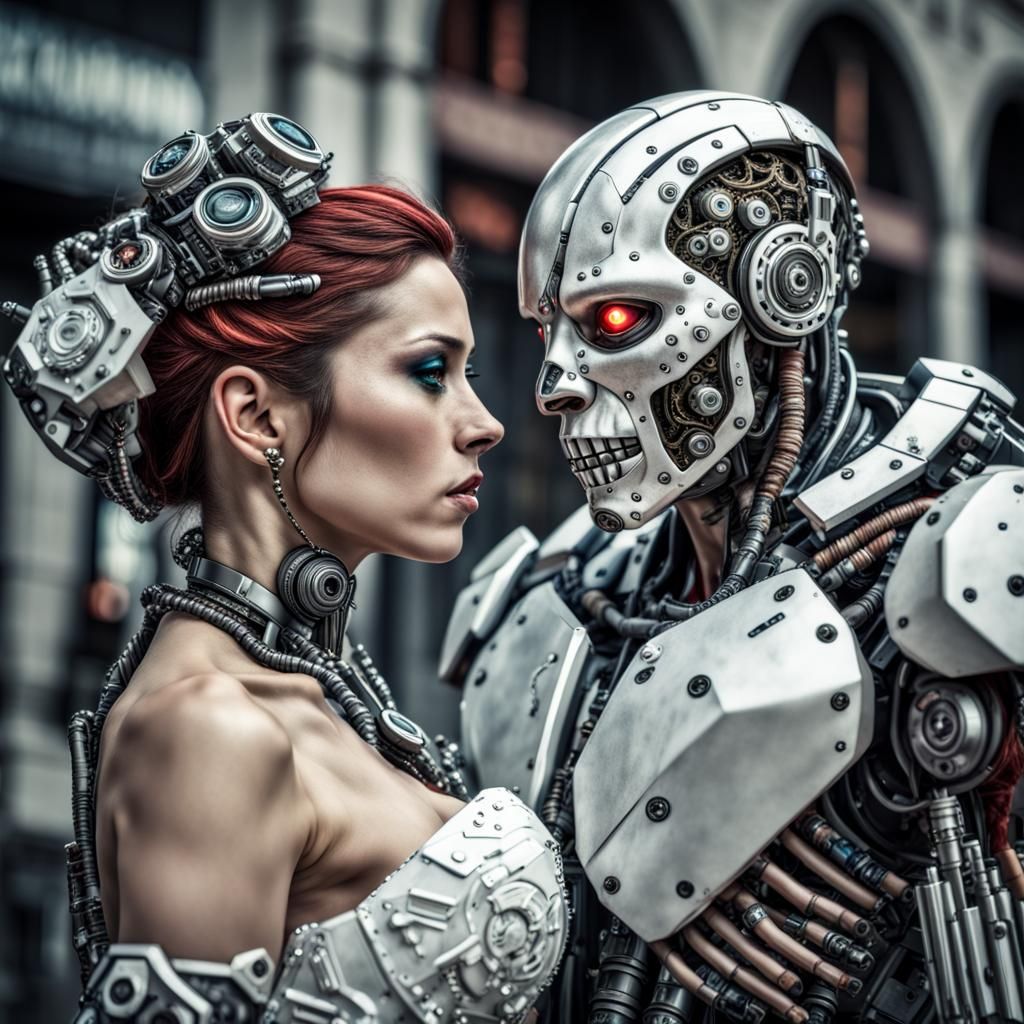 Hyperrealistic Technopunk Cyborg Bride and Groom