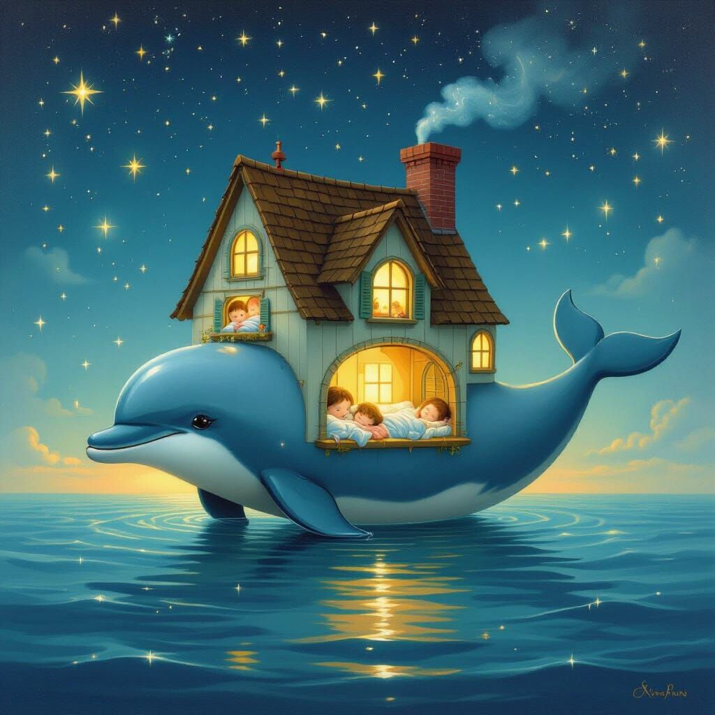 Whimsical Dolphin Cottage House with Sleeping Children