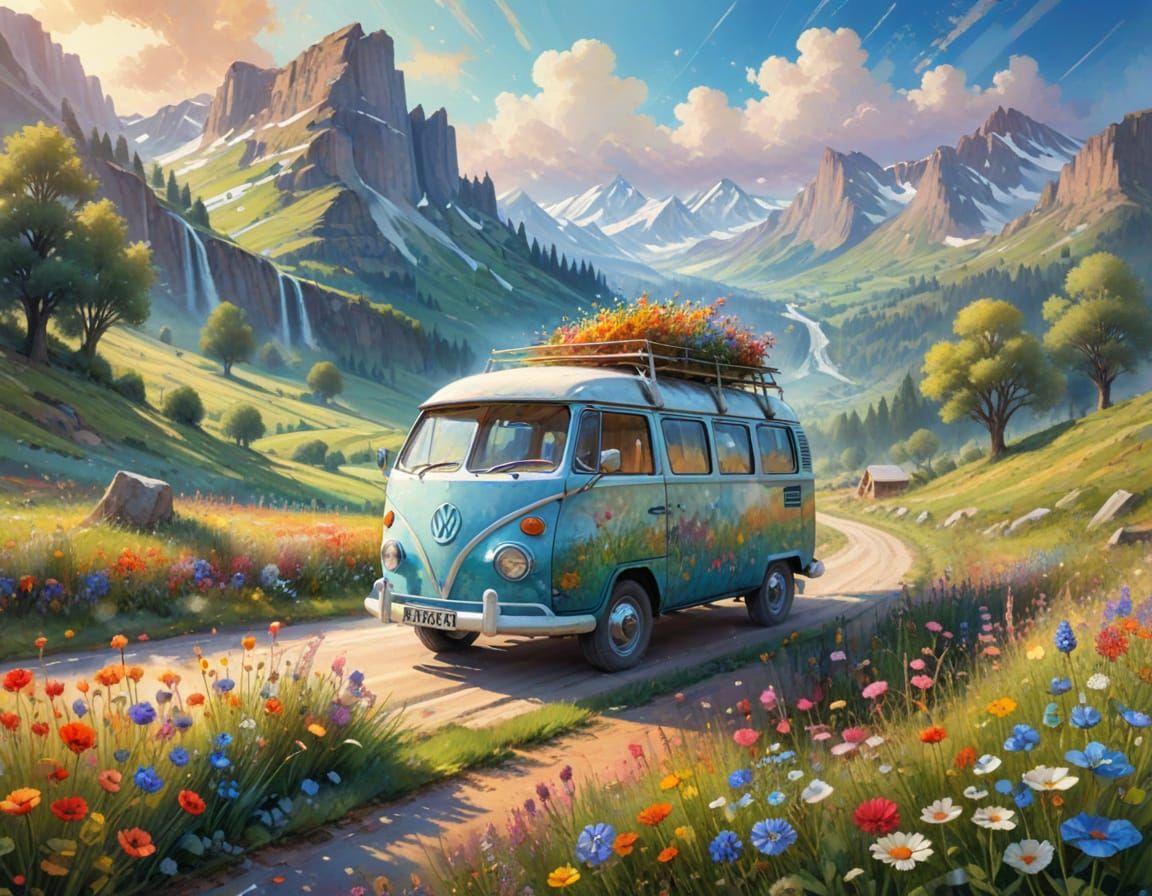 Campervan Road Trip in Watercolor Fairytale Meadow