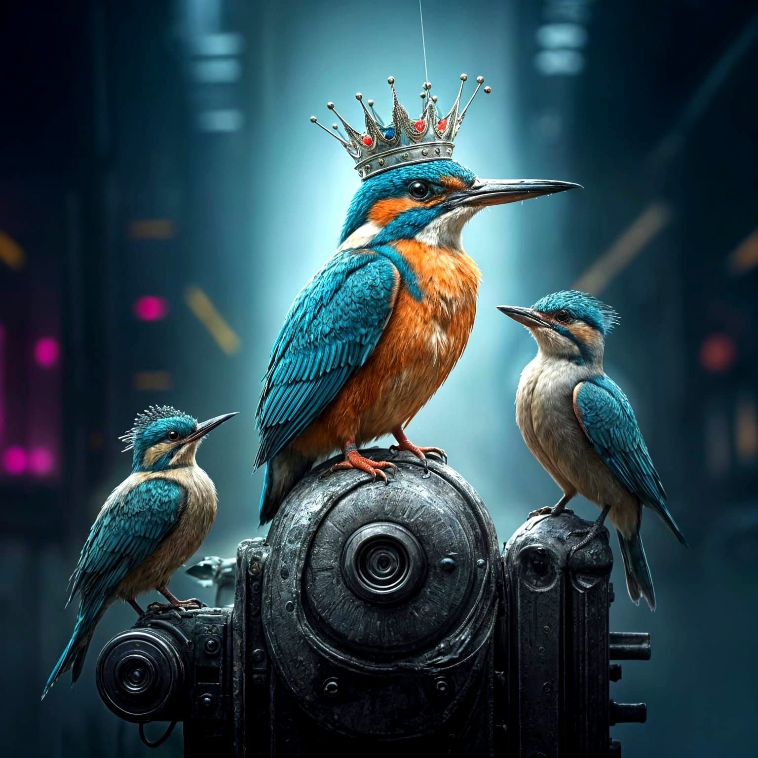 Birds Admire the Royal Kingfisher in a Neon Cyberpunk Aesthe...