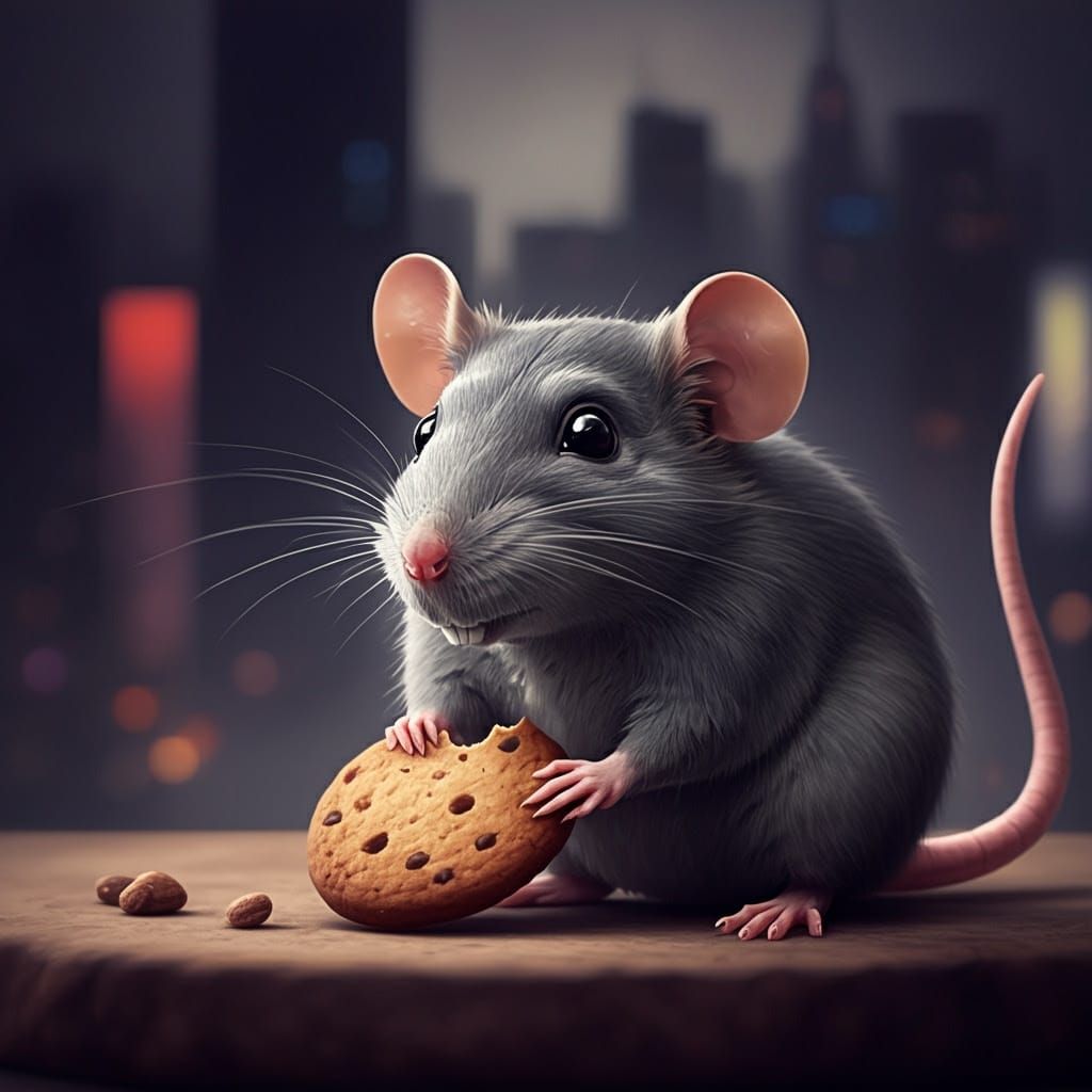 Cyberpunk RatFink Mouse in a Futuristic Cityscape