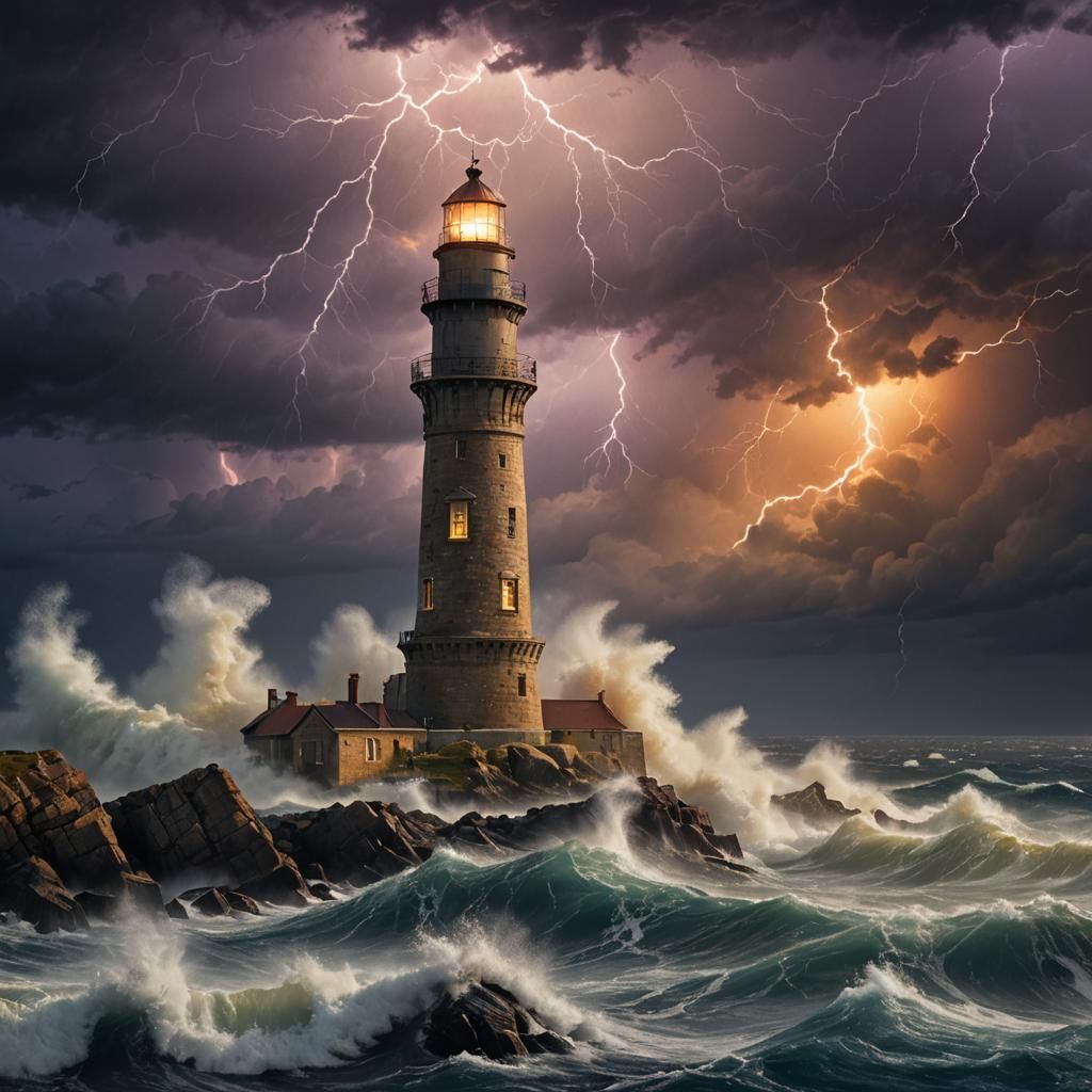 Navsink Lighthouse in Stormy Dark Fantasy Night