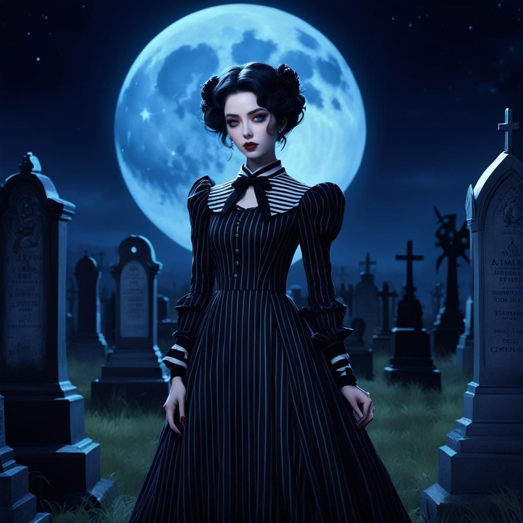 Dark Anime Girl in Graveyard by Moonlight