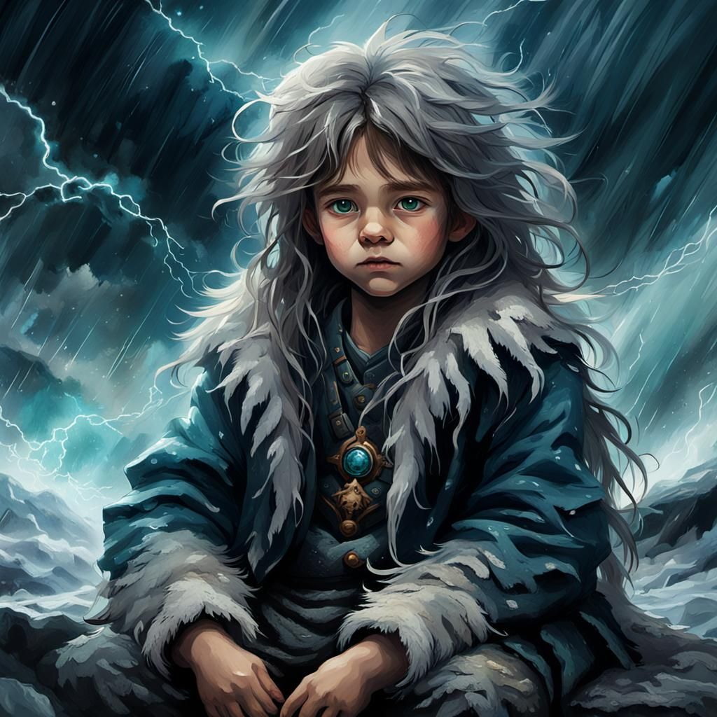Child and Magical Animal in Storm, Fantasy Art