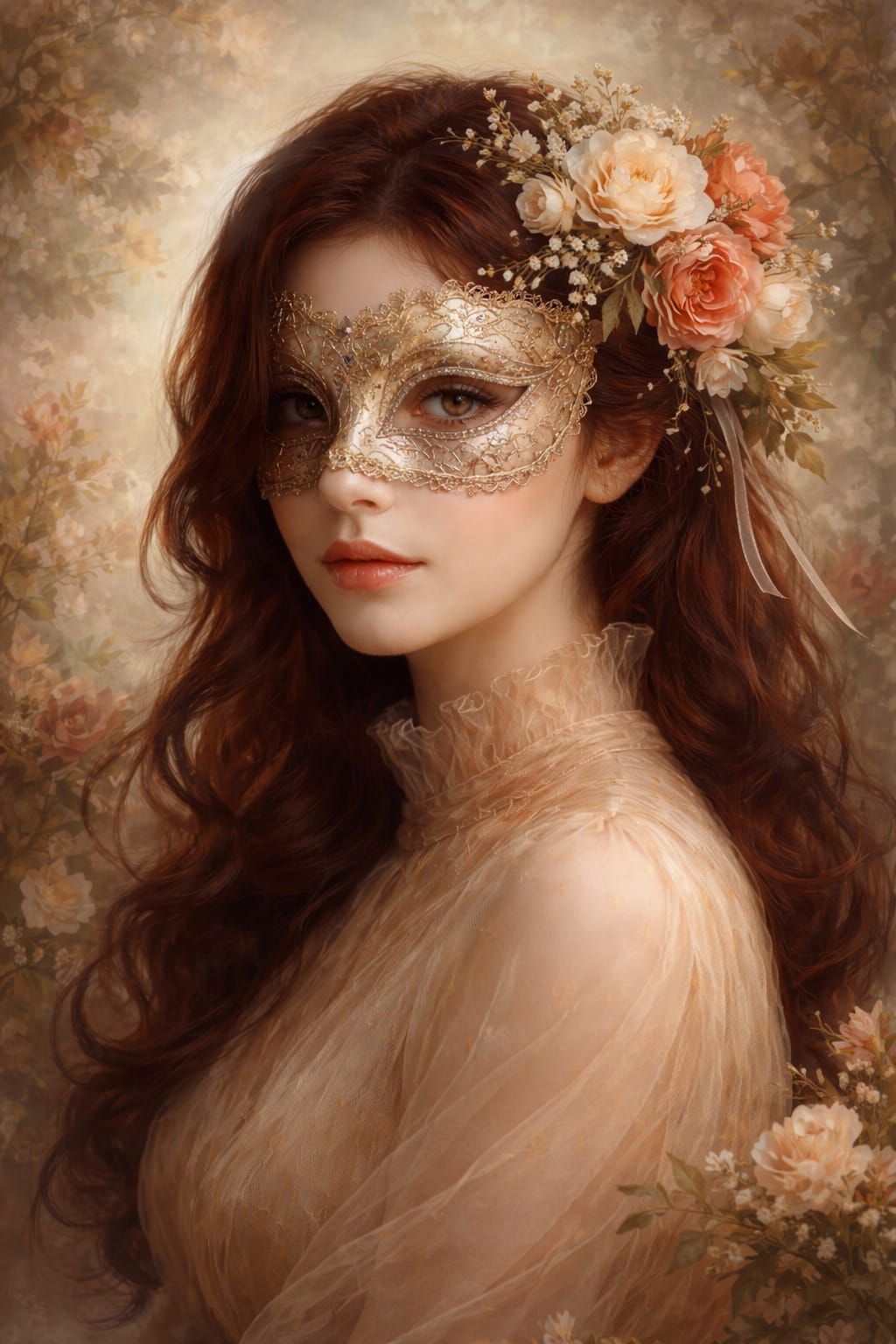 Elegant Venetian Masked Woman in Floral Setting
