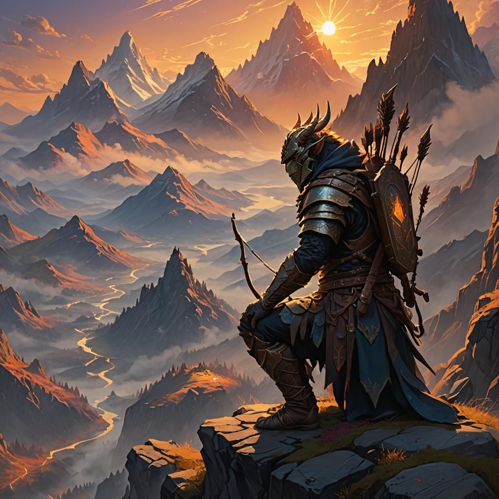 Dragonborn Archer on Mystical Mountain Peak at Sunset