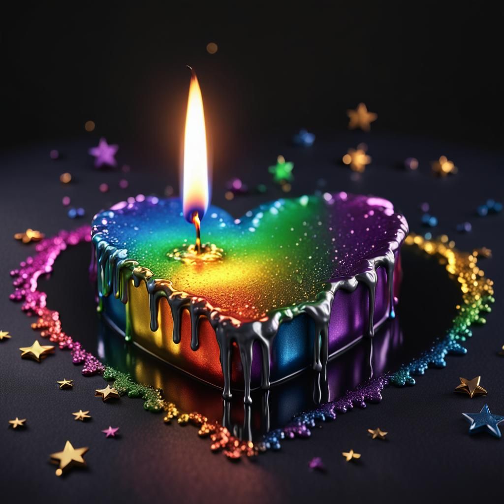 Rainbow Candle Melts Into Heart on Velvet