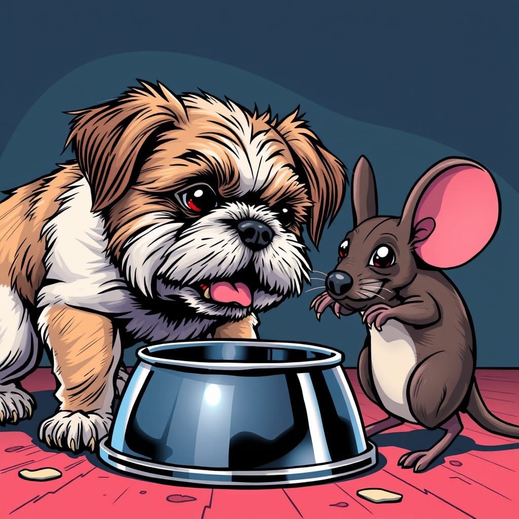 Shih Tzu Defends Bowl From Giant Mouse Comic Art