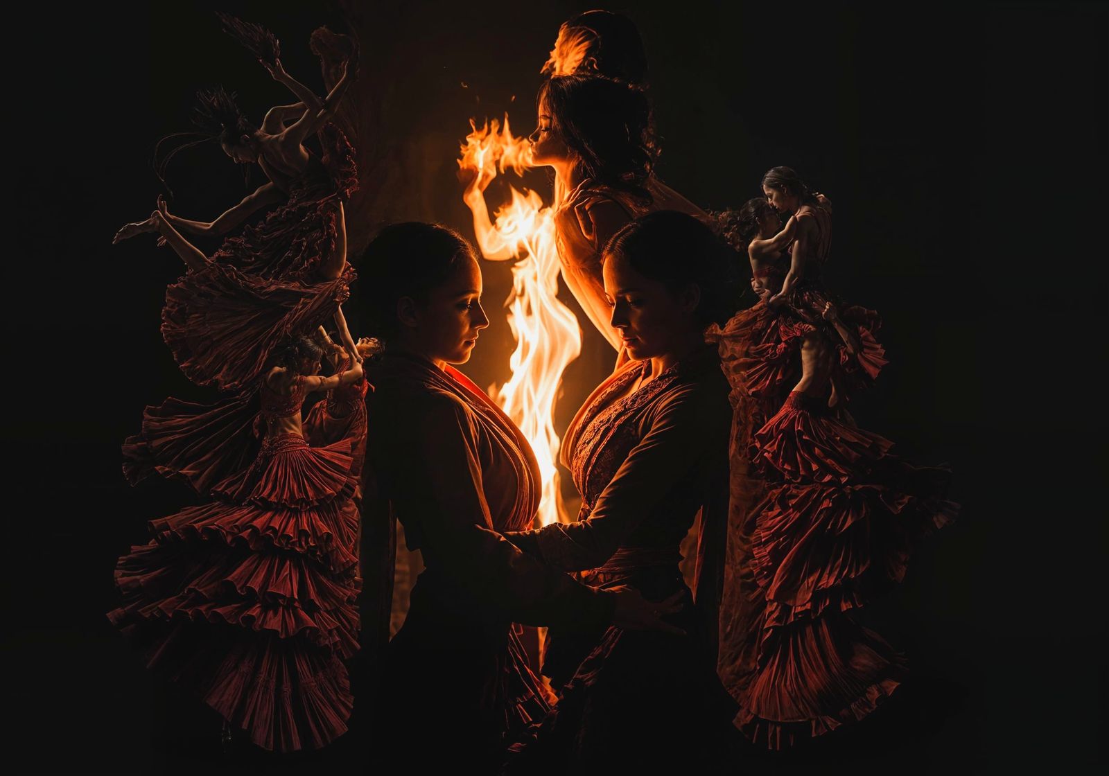 Flamenco Flame Dancers in Wild Embrace