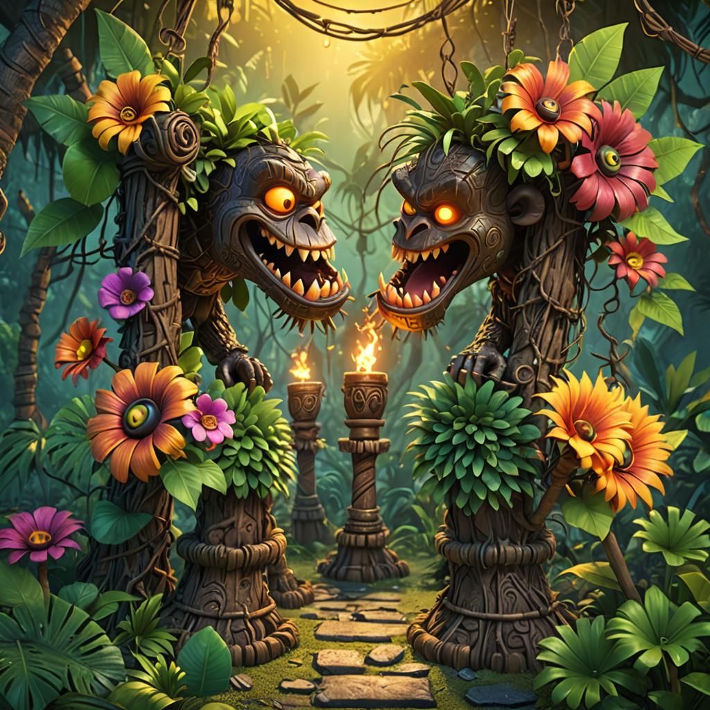 Monkey Tiki Monster Swings Through Jungle: 3D Digital Art