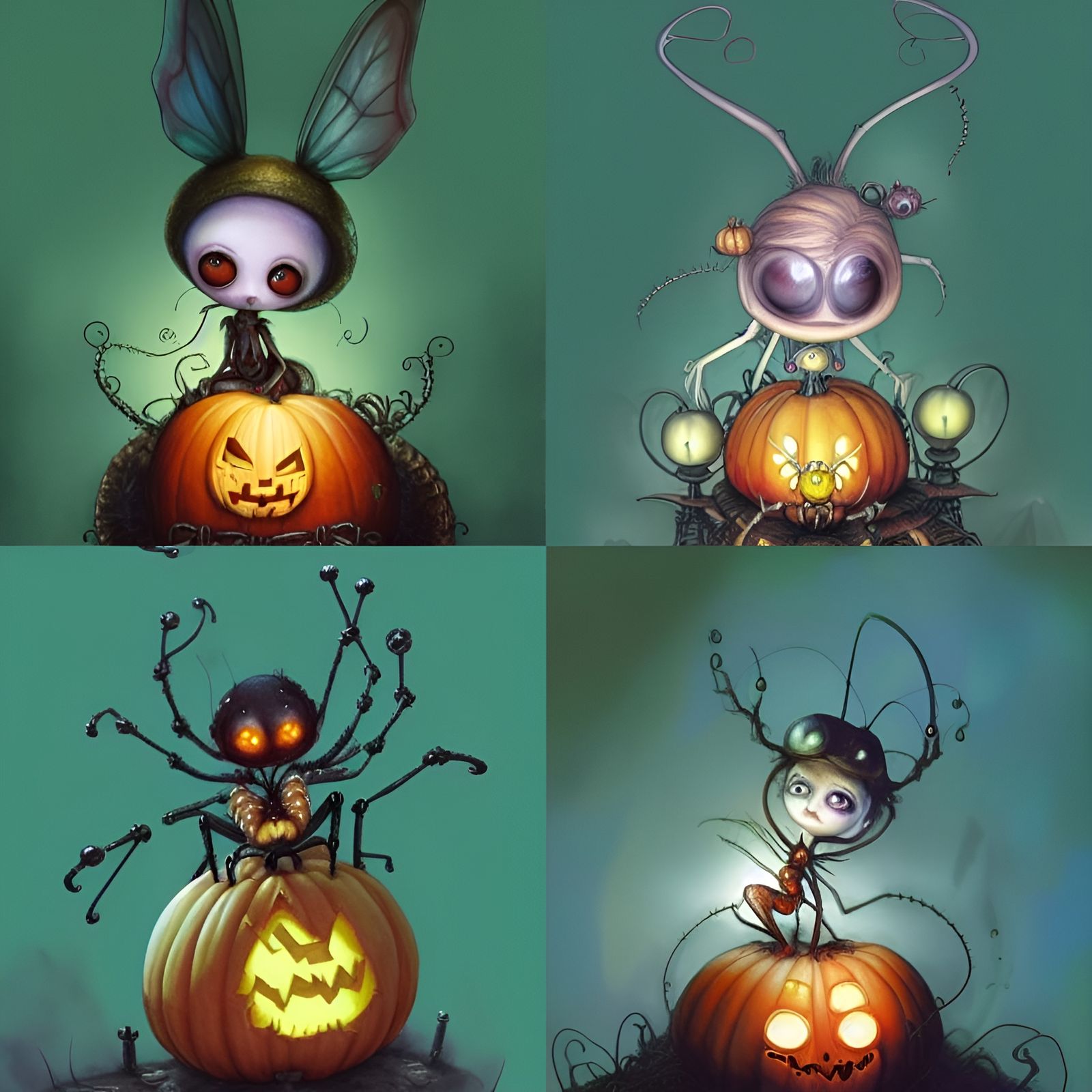 Steampunk Spider Pixie Hiding Under Pumpkin, Watercolor Styl...