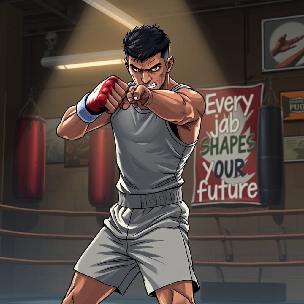 Boxer in Powerful Jab Position, Studio Trigger-Inspired Artw...