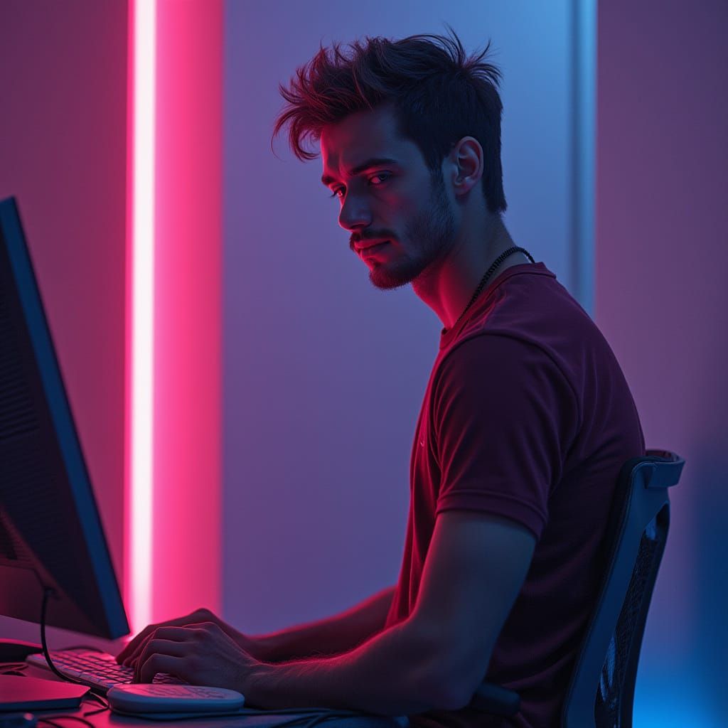 Cyberpunk Man Suspended in Dystopian Setting