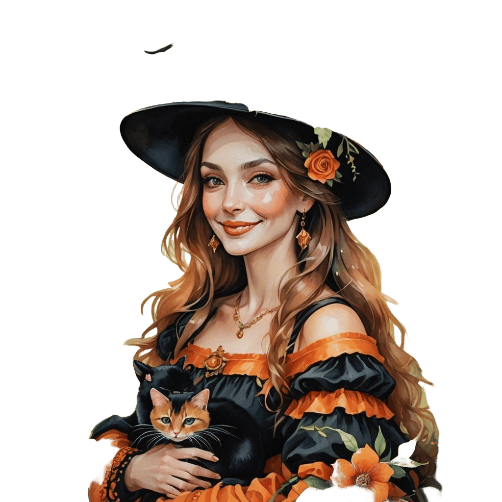 Smiling Witch with Cat and Rat in Watercolor Style