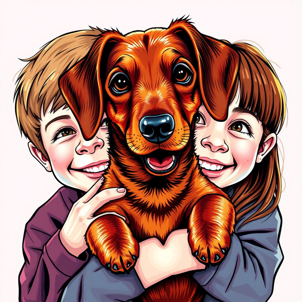 Dachshund Dog Hugged by Children in Graffiti Art Style
