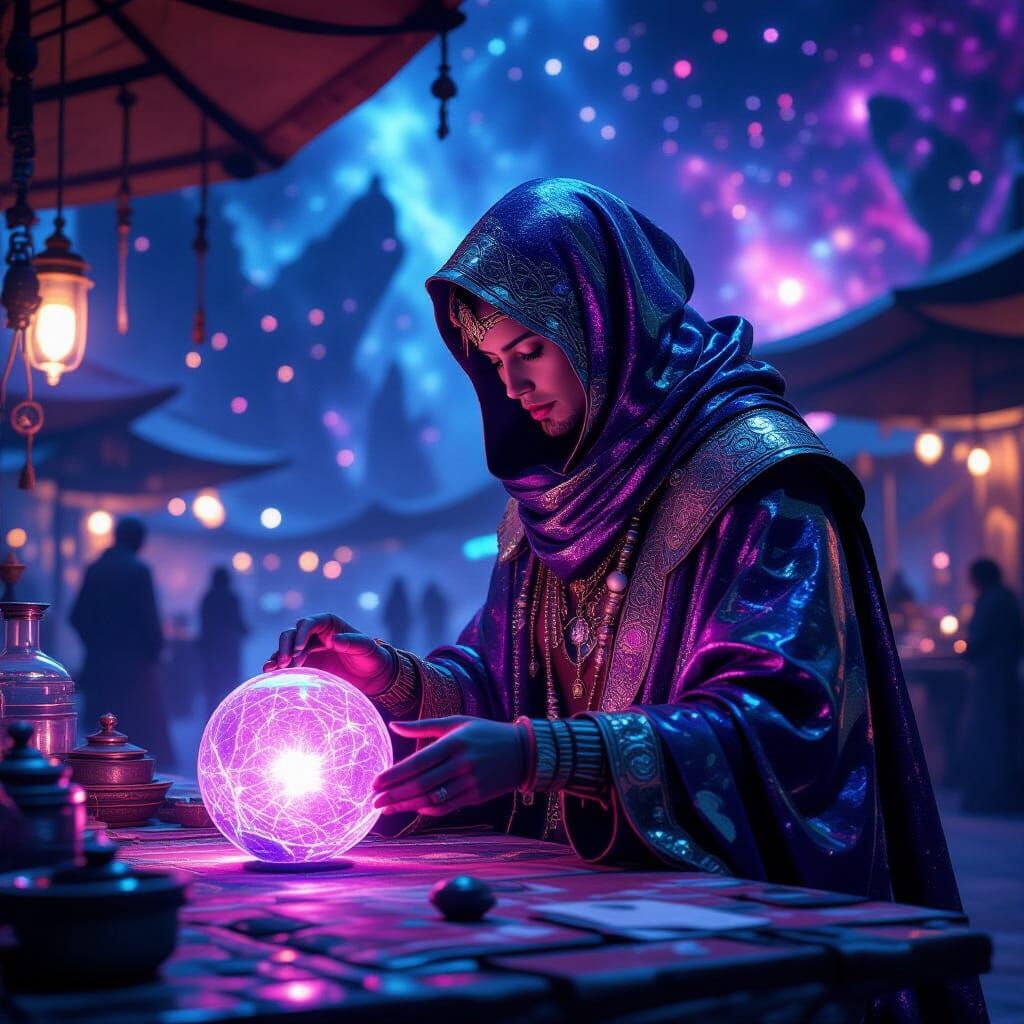 Intergalactic Trader at Floating Bazaar in Surreal Style