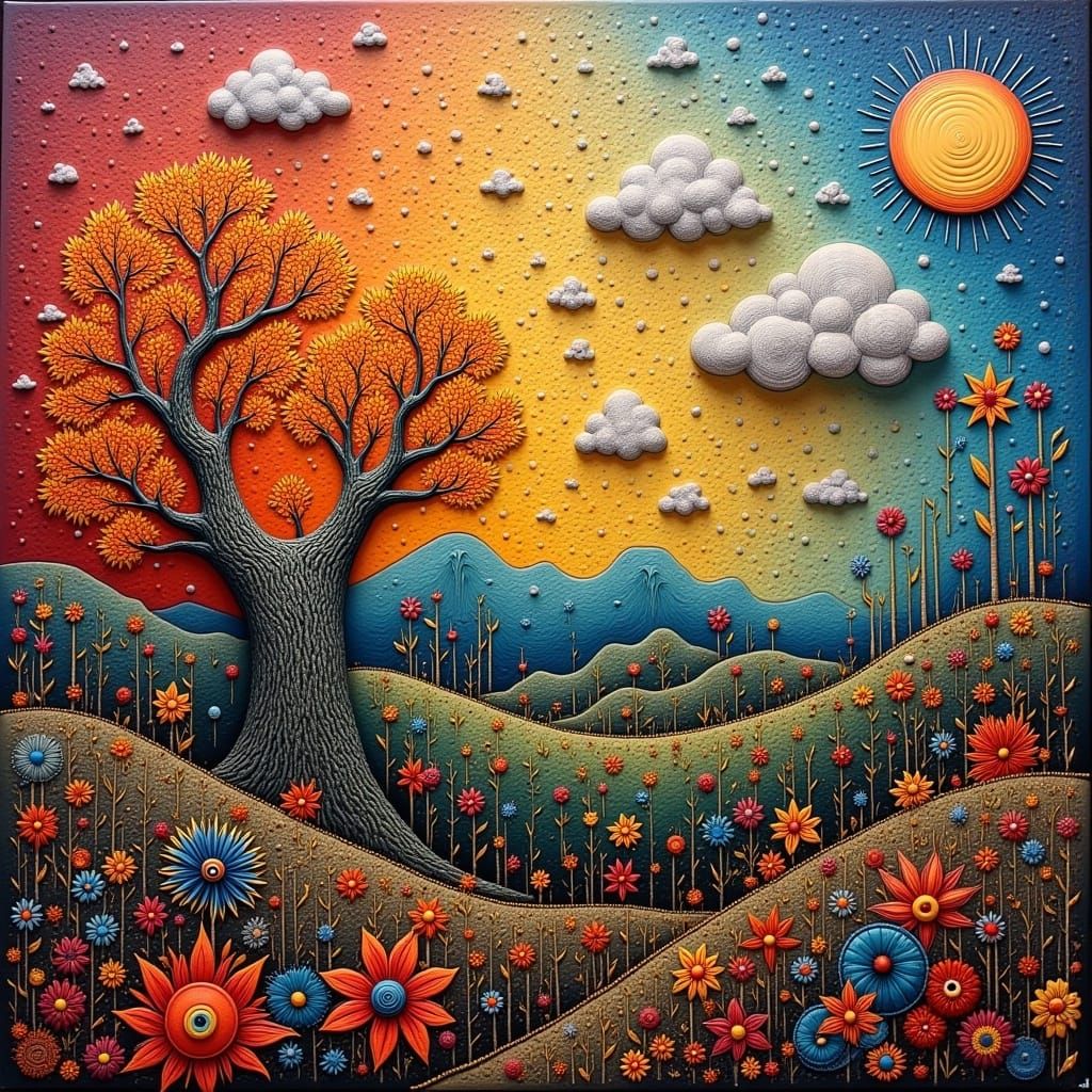 Miniature Forest in Clouds with Geometric Shapes