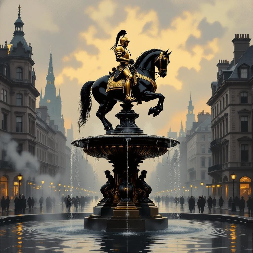 Victorian City Fountain with Knight Statue in Golden Light