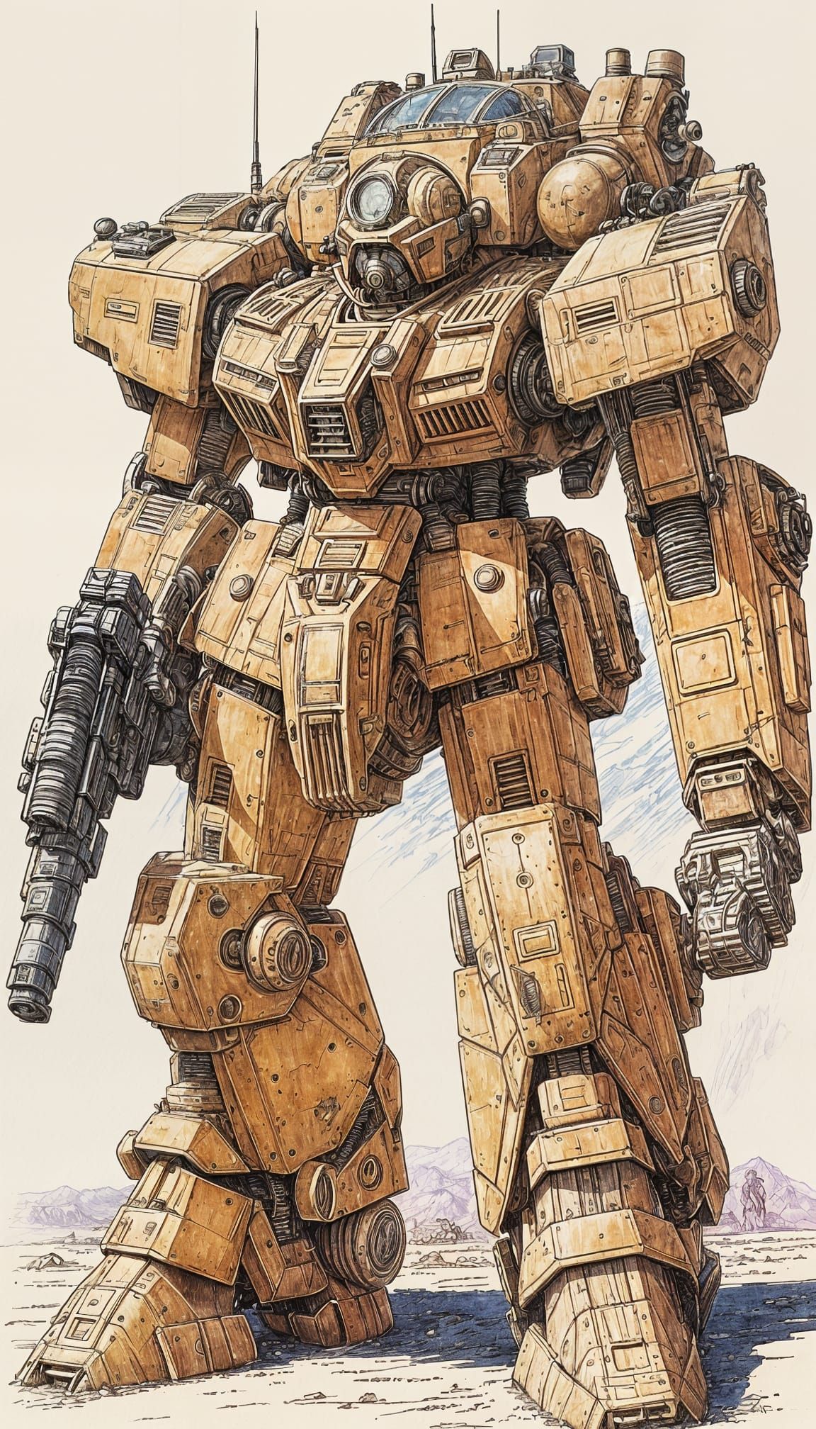 Desert ZAKU Cannon Mech in Moebius Style