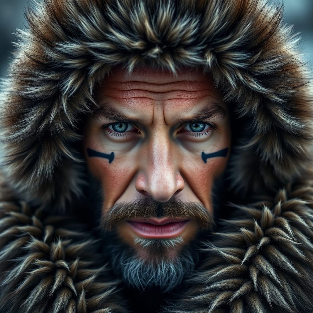 Intense Portrait of a Fur-Clad Man