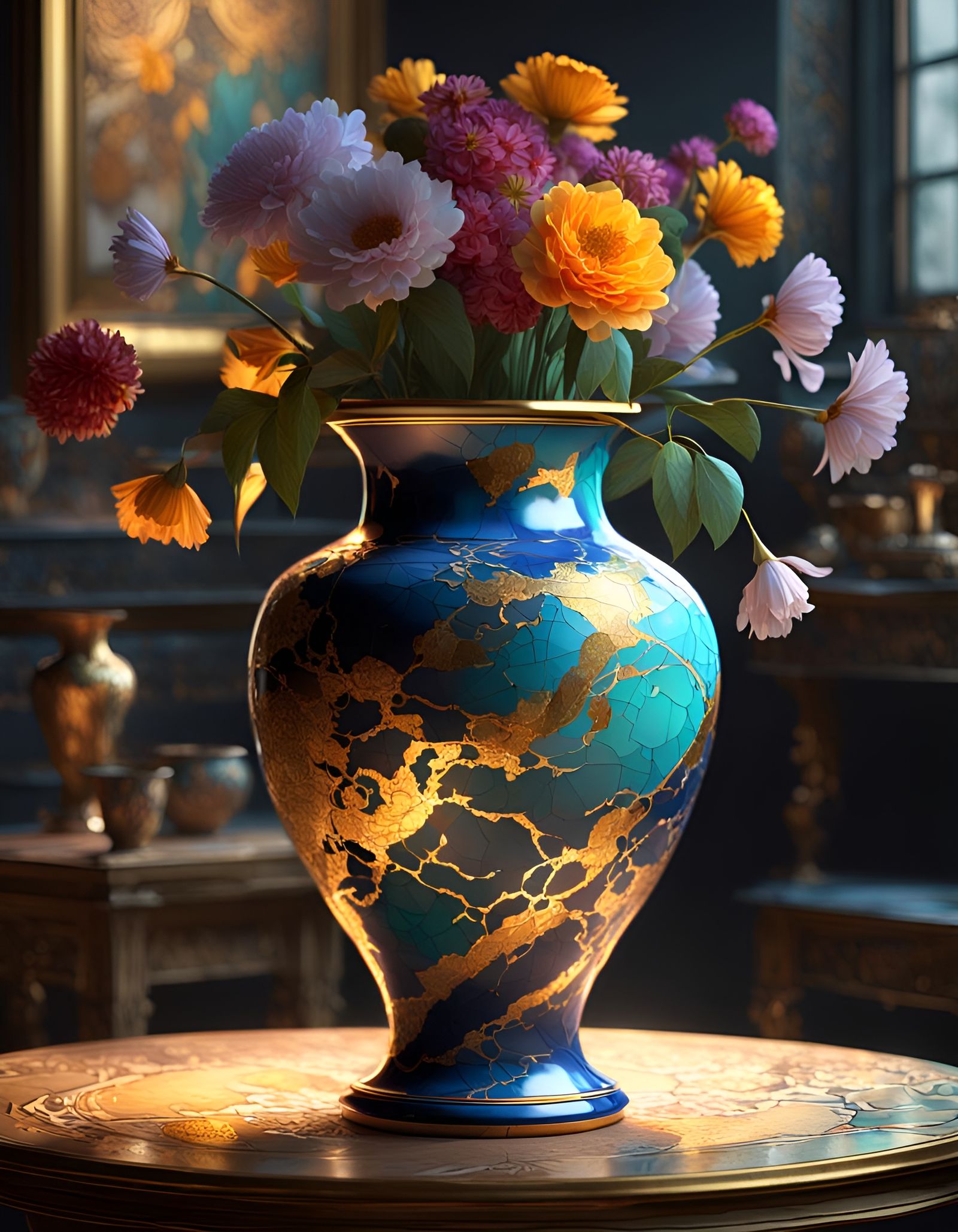 Kintsugi Vase with Dramatic Lighting and Intricate Detail