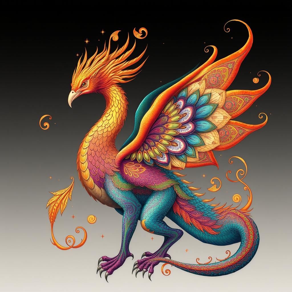a siren , a phoenix ,a peacock, a dragon in beautiful detail...