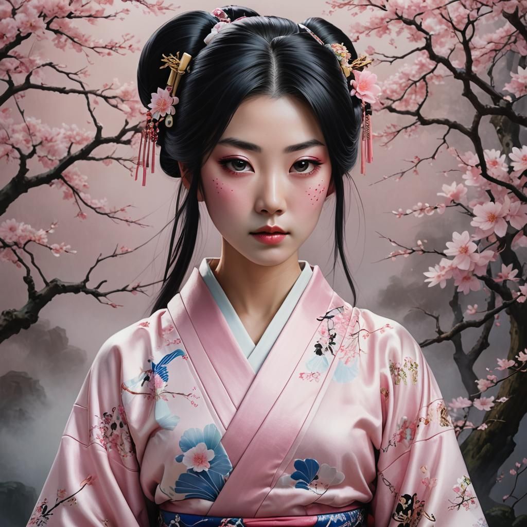 Hyperrealistic Portrait of Geisha Superhero in Pink Kimono