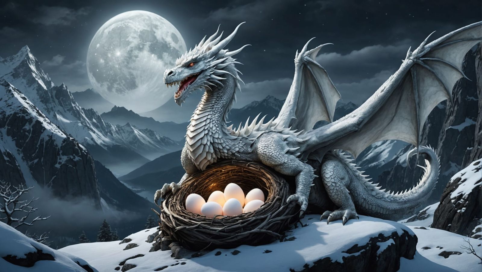 Winter Dragon Watches Over Mountain Nest