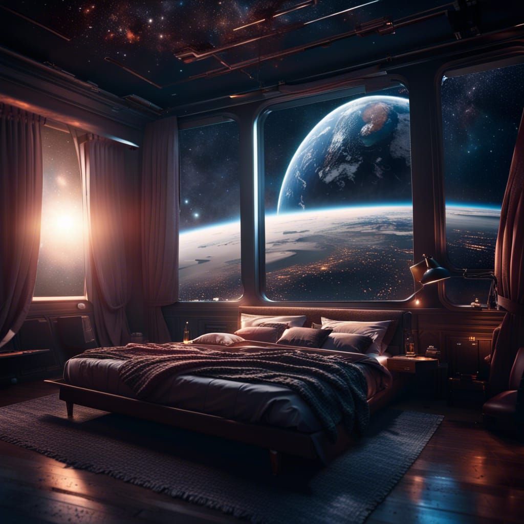 Dream Bedroom in Space with Galaxy View