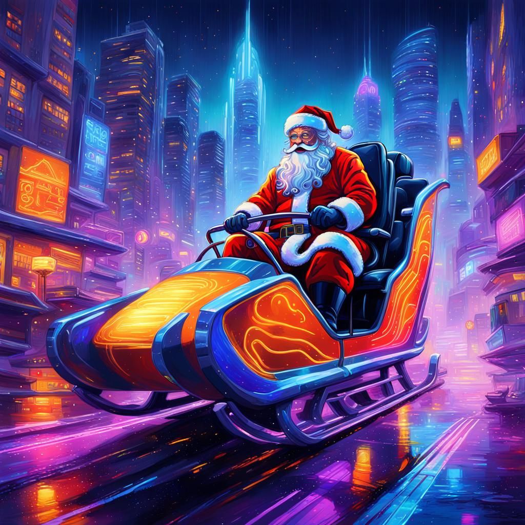 Futuristic Santa Claus in Electric Cityscape Concept Art