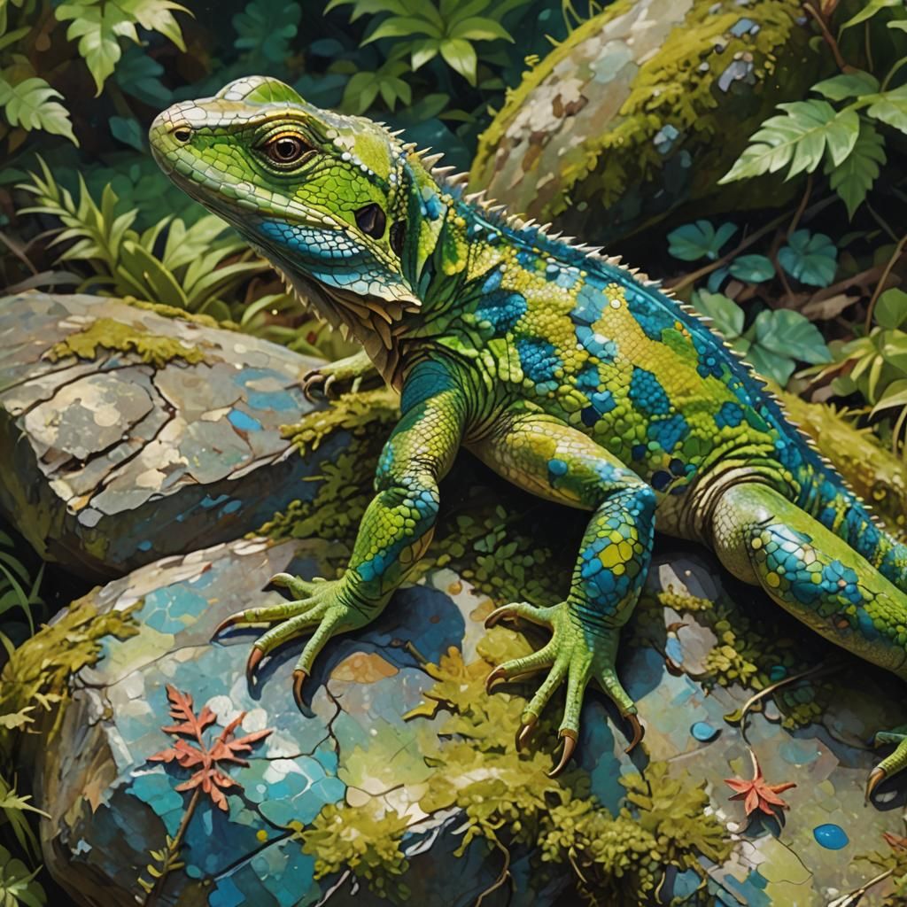 Green Camouflage Lizard in Vibrant Oil Painting Style