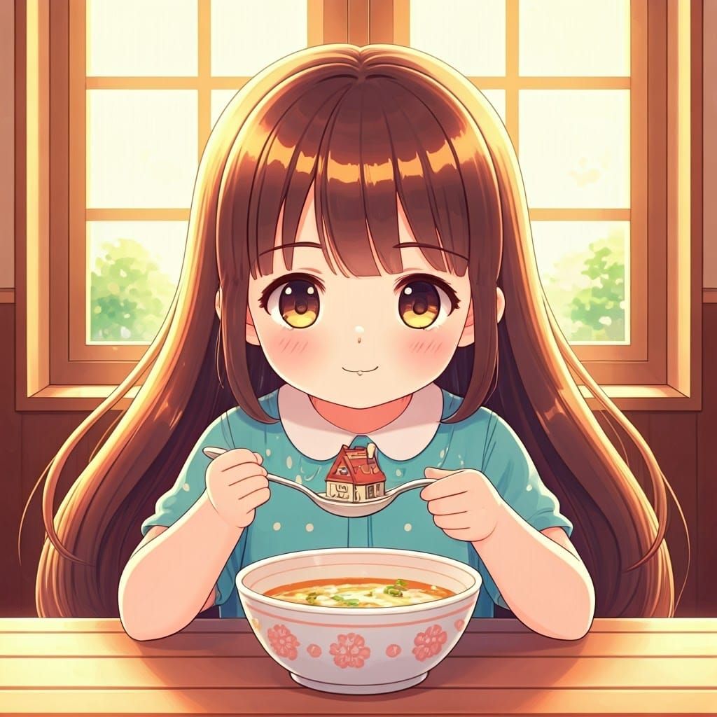 Pixar-Style Baby Girl Eating Soup with Miniature House