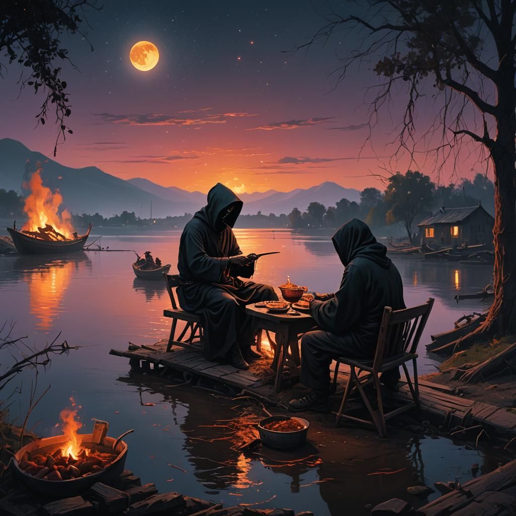 Grim Reaper and Boatman Enjoying Curry