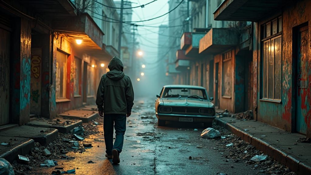 Dystopian Street Scene with Cinematic Lighting